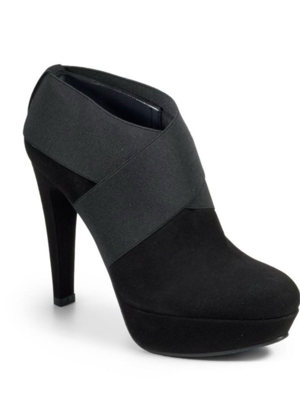 Stuart Weitzman Kilgore Black Suede Platform Ankle Bootie with Crossover Elastic